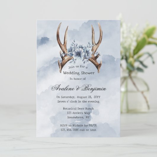 ボホディアアントラーブルーフローラ結婚のカップルのシャワー 招待状 (スタンド正面)