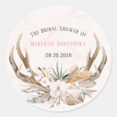 ボホディア〔雄ジカの〕枝角と花模様ブライダルシャワー ラウンドシール (正面)
