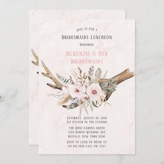 ボホディア〔雄ジカの〕枝角と花模様ブリデスメイドランチョン 招待状 (正面/裏面)