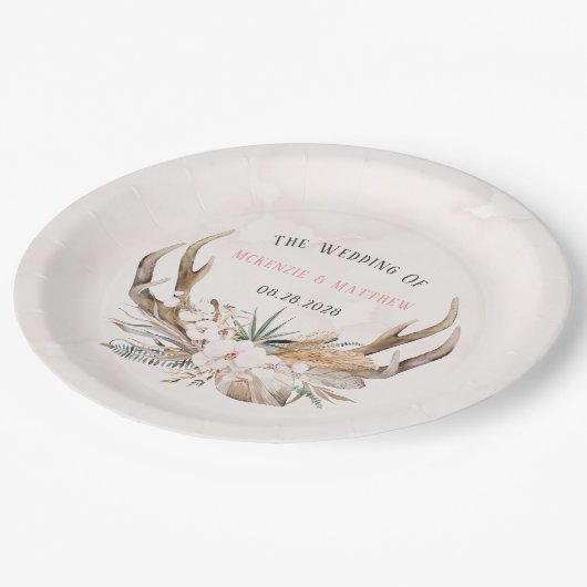 ボホディア〔雄ジカの〕枝角と花模様結婚ズ紙プレート ペーパープレート (アングル)