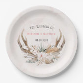 ボホディア〔雄ジカの〕枝角と花模様結婚ズ紙プレート ペーパープレート (正面)
