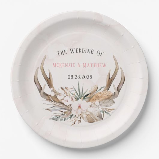 ボホディア〔雄ジカの〕枝角と花模様結婚ズ紙プレート ペーパープレート (正面)