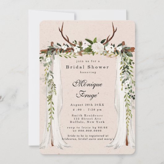 ボホディア〔雄ジカの〕枝角ホワイトキャノピーシックブライダルシャワー 招待状 (正面)