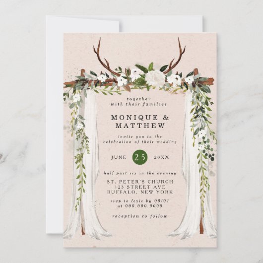 ボホディア〔雄ジカの〕枝角ホワイトキャノピー素朴ズ結婚 招待状 (正面)