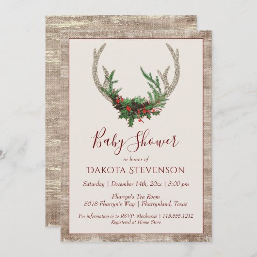 ボホディア〔雄ジカの〕枝角 |クリスマス素朴の赤ちゃんシャワー 招待状 (正面/裏面)
