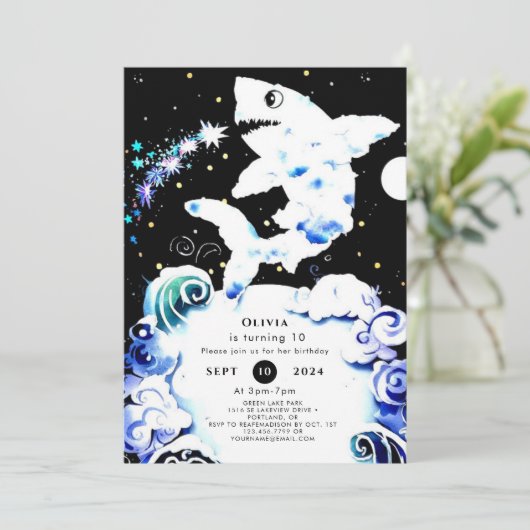 ボホディープシー編集可能シャーク誕生日 招待状 (スタンド正面)