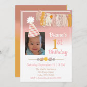 ボホデイジーカスタムフォトガールズファースト誕生日 招待状 (正面/裏面)