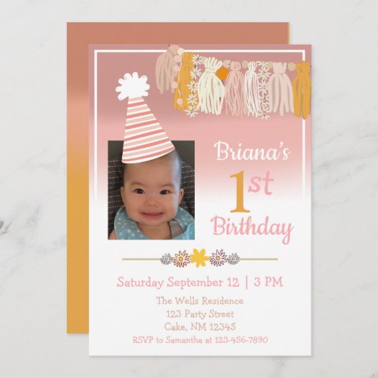 ボホデイジーカスタムフォトガールズファースト誕生日 招待状 (正面/裏面)