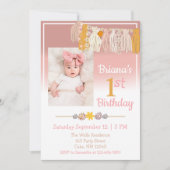 ボホデイジーカスタムフォトピンクファースト誕生日 招待状 (正面)