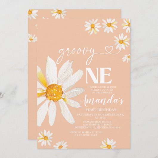 ボホデイジーフラワーズグルーヴィーワンバースデーパーティー 招待状 (正面/裏面)
