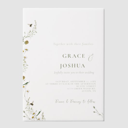 ボホデイジーベイッジワイルドフラワー結婚ズ ベラム紙招待状 (正面)
