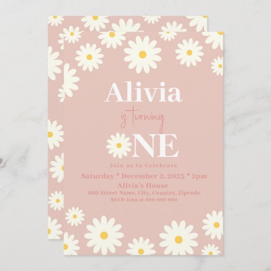 ボホデイジーワンフローラピンクボヘミアン1歳 招待状 (正面/裏面)