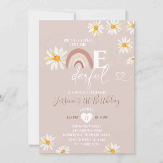 ボホデイジー花は彼女はonederful誕生日 招待状 (正面)