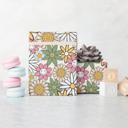 ボホデイジー花70s Groovyフローラ ラッピングペーパー (ベビーシャワー)