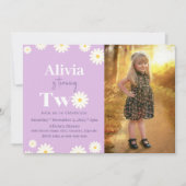 ボホデイジー2つのフローラパープルボヘミアン2番目の誕生日 招待状 (正面)