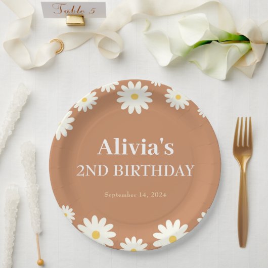 ボホデイジー2つのフローラブラウンボヘミアの2番目の誕生日 ペーパープレート (ウェディング)
