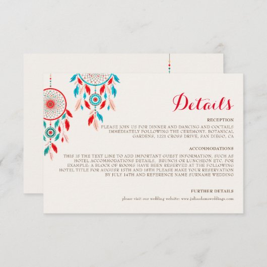 ボホトライバルの羽ドリームキャッチャー結婚ズ エンクロージャーカード (正面/裏面)