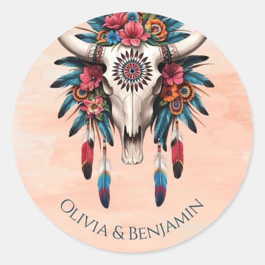 ボホトライバルウォーター色フローラ牛スカル結婚ズ ラウンドシール (正面)