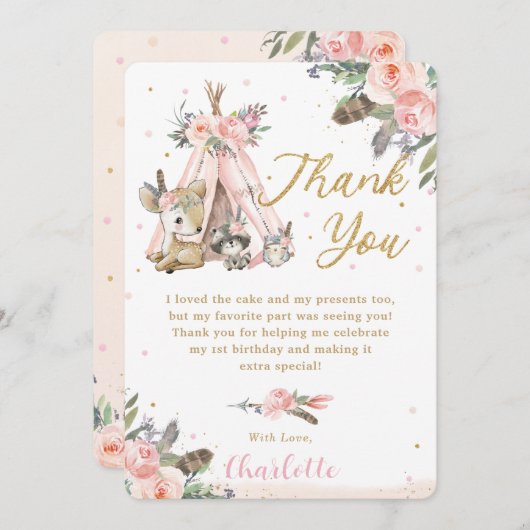 ボホトライバルウッドランドアニマルズ誕生日《キリスト教》洗礼式や命名式 サンキューカード (正面/裏面)