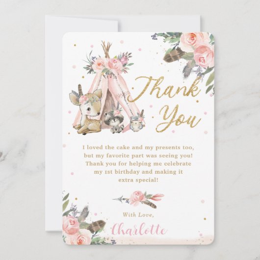 ボホトライバルウッドランドアニマルズ誕生日《キリスト教》洗礼式や命名式 サンキューカード (正面)