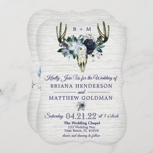 ボホトライバルフローラ〔雄ジカの〕枝角結婚式招待状ネイビー 招待状 (正面/裏面)