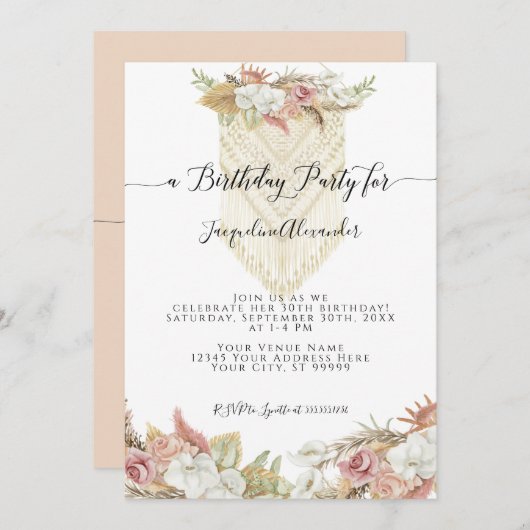 ボホトロピカルパンパスグラスフローラ誕生日パーティー 招待状 (正面/裏面)