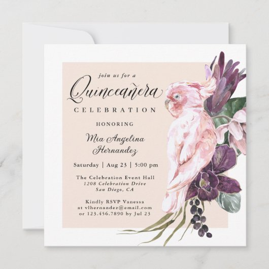 ボホトロピカルピンクオウムフローラキンセアニェラ 招待状 (正面)