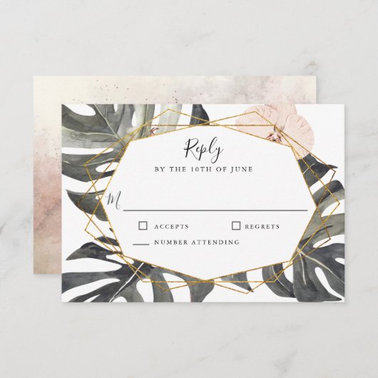 ボホトロピカルフローラ幾何学模様ウェディングRSVP 出欠カード (正面/裏面)