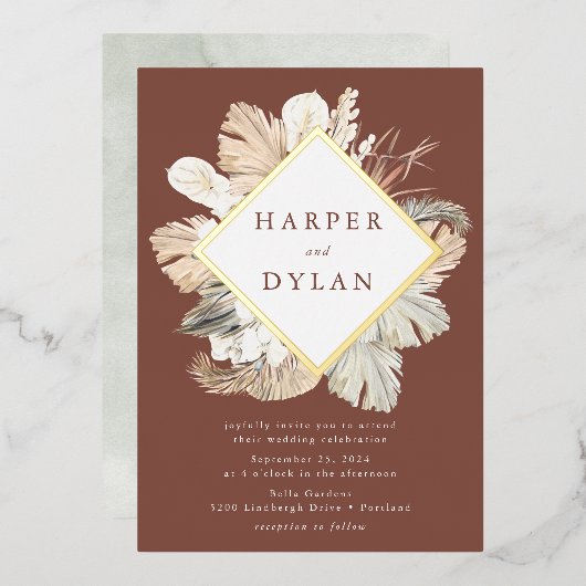 ボホトロピカルラブダイヤモンド結婚フレーム金ゴールド 箔招待状 (正面/裏面)