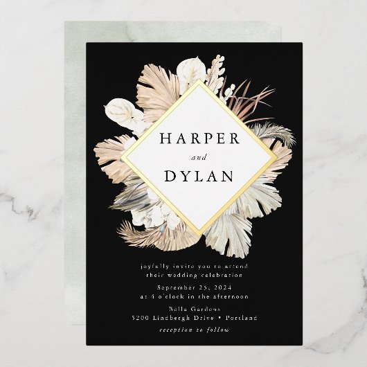 ボホトロピカルラブダイヤモンド結婚フレーム金ゴールド 箔招待状 (正面/裏面)