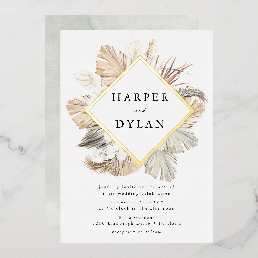 ボホトロピカルラブダイヤモンド結婚フレーム金ゴールド 箔招待状 (正面/裏面)