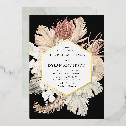 ボホトロピカルラブ結婚ズ金ゴールド 箔招待状 (正面/裏面)