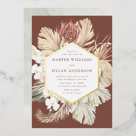 ボホトロピカルラブ結婚ズ金ゴールド 箔招待状 (正面/裏面)