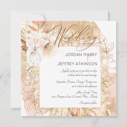 ボホドライドフローラとバラ結婚式招待状 招待状 (正面)