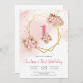 ボホドライパーム赤面オーキッド金ゴールドファースト誕生日 招待状 (正面/裏面)