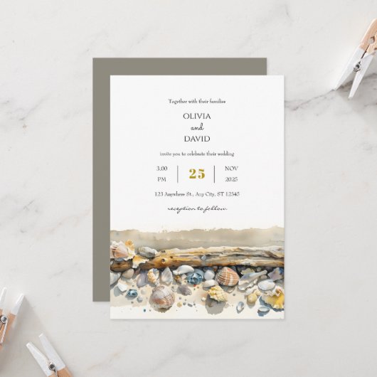 ボホドリフトウッド海の貝殻砂浜結婚の海岸線 招待状 (正面/裏面インサイチュ)