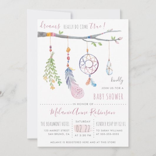 ボホドリームキャッチャーと部族の羽のベビーシャワー 招待状 (正面)