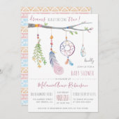 ボホドリームキャッチャーと部族の羽のベビーシャワー 招待状 (正面/裏面)