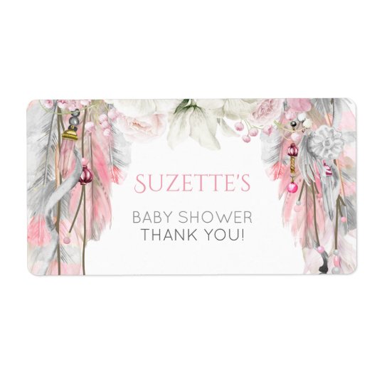 ボホドリームキャッチャーピンクグレーアイボリーフローラ羽毛 ラベル (正面)