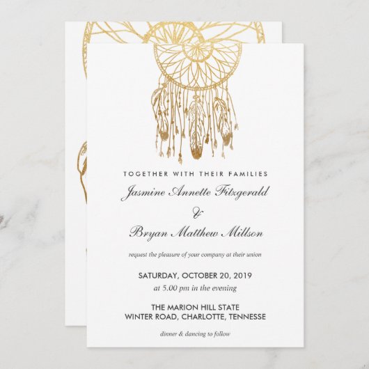 ボホドリームキャッチャーフェイクゴールドフォイルトバル結婚ズ 招待状 (正面/裏面)