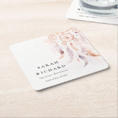 ボホドリームキャッチャー水彩薄紫赤面桃 スクエアペーパーコースター (アングル)