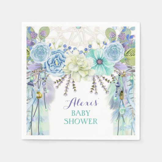 ボホドリームキャッチャー羽根部族アクアブルー スタンダードカクテルナプキン (正面)