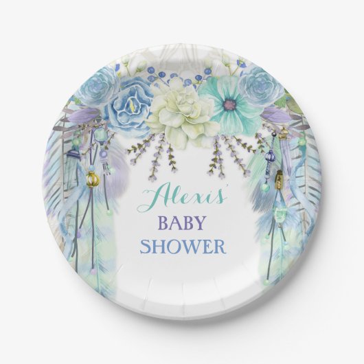 ボホドリームキャッチャー羽根部族アクアブルー ペーパープレート (正面)