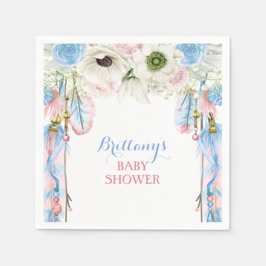 ボホドリームキャッチャー羽毛トライバルピンク&ブルー スタンダードカクテルナプキン (正面)