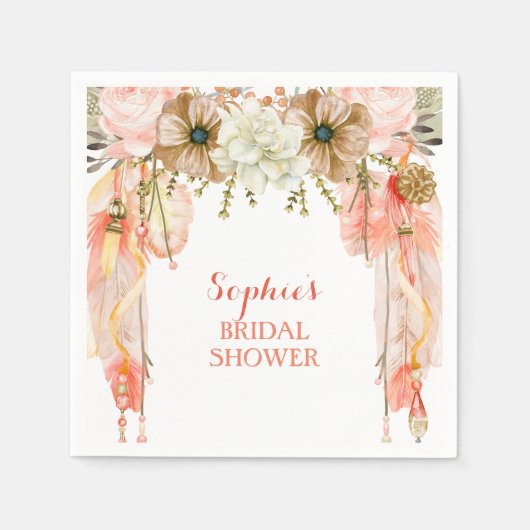 ボホドリームキャッチャー羽毛トライバルピーチサンゴ スタンダードカクテルナプキン (正面)