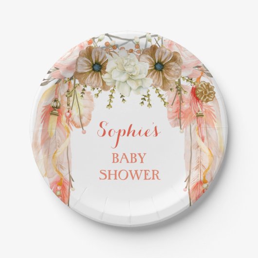 ボホドリームキャッチャー羽毛トライバルピーチサンゴ ペーパープレート (正面)