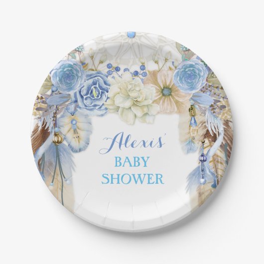 ボホドリームキャッチャー羽毛トライバルブルーアイボリー ペーパープレート (正面)