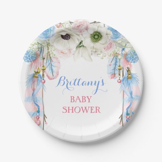 ボホドリームキャッチャー羽毛トライバルブルーピンク ペーパープレート (正面)