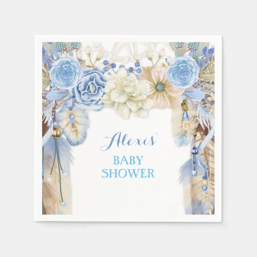 ボホドリームキャッチャー羽毛トライバルペリウィンクルブルー スタンダードカクテルナプキン (正面)