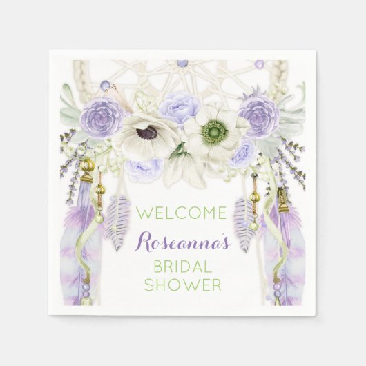 ボホドリームキャッチャー羽毛トライバルラベンダー スタンダードカクテルナプキン (正面)